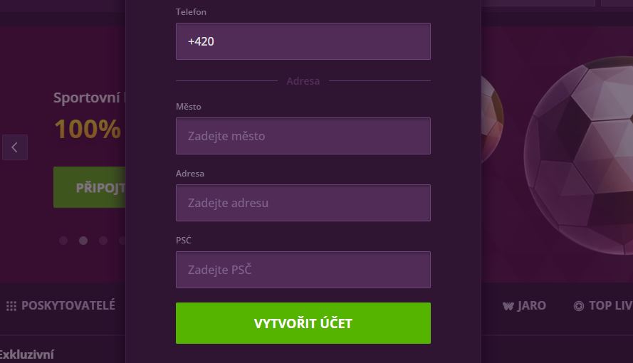 Zadejte adresu a telefonní číslo pro vytvoření nového účtu