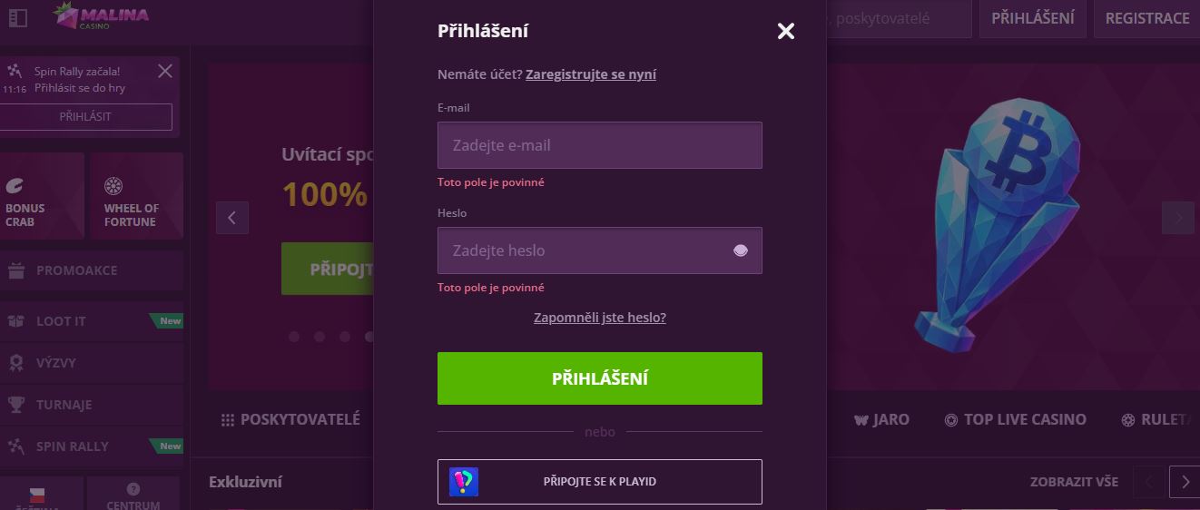 Přihlaste se do Malina Casino zadáním e-mailu a hesla nebo přes digitální peněženku