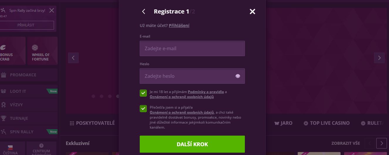Zaregistrujte se v Malina Casino zadáním e-mailu a hesla a přejděte k dalšímu kroku