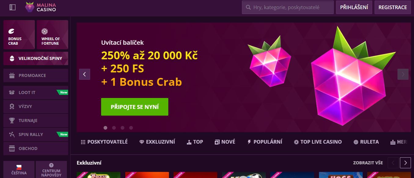 Připoj se k Malina Casino a získej uvítací balíček 250 % až 20 000 Kč plus 250 free spinů a Bonus Crab
